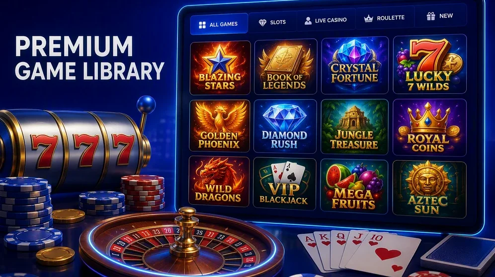 Grid of pokie game tiles with category tabs
