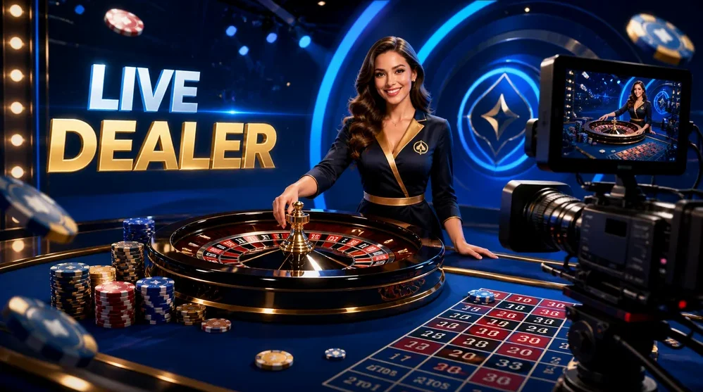 Live dealer at roulette wheel on HD camera